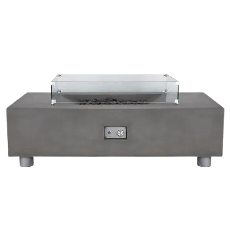 Modern outdoor gas fire pit table with glass guard and decorative stones, featuring a sleek concrete design and control panel.