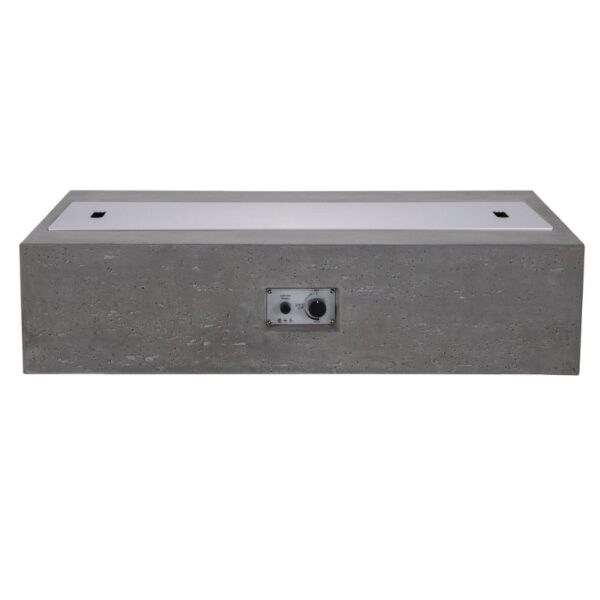 Concrete outdoor fire pit with control panel and sleek design, ideal for modern landscaping.