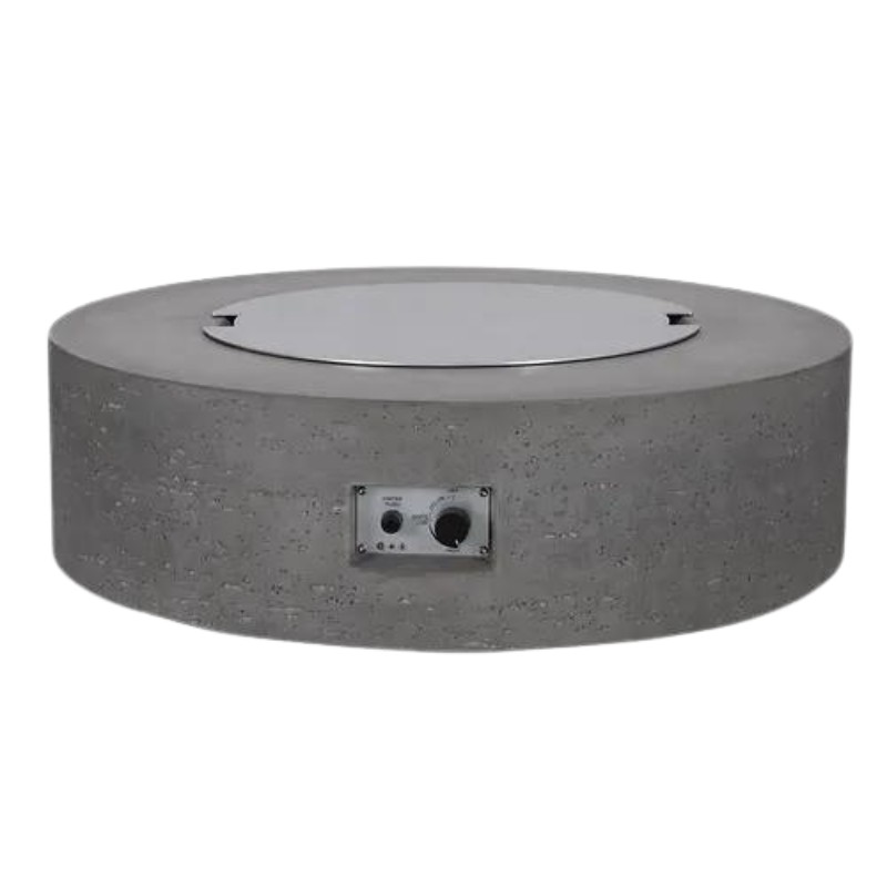 Round concrete fire pit with stainless steel top and control panel for outdoor use.