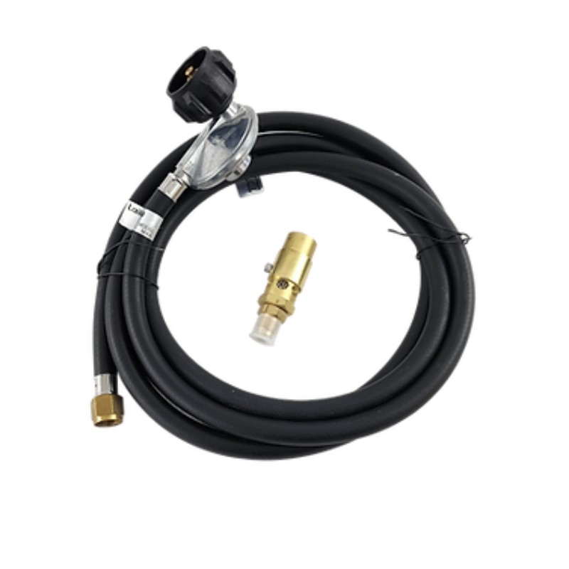 Gas regulator and hose assembly with a black rubber hose, brass connector, and pressure control valve for propane tanks. Ideal for grilling and outdoor cooking applications.