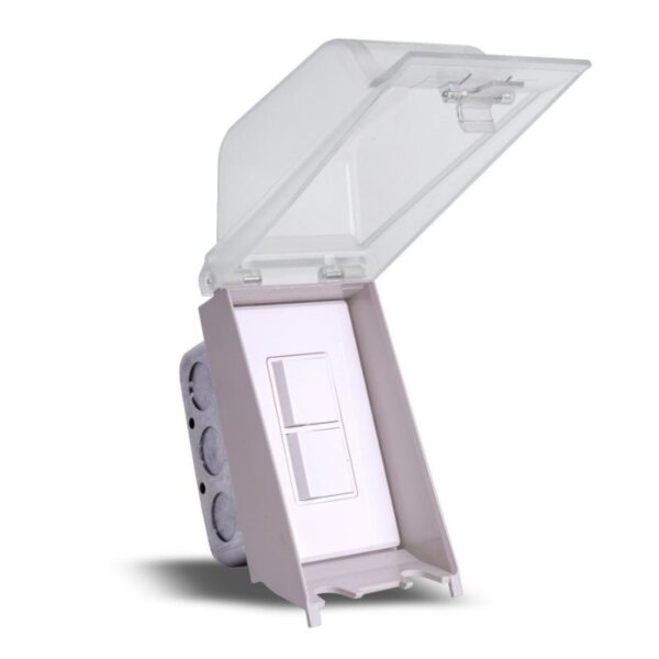 Weatherproof electrical switch enclosure with a transparent lid and dual switch design, ideal for outdoor electrical applications.