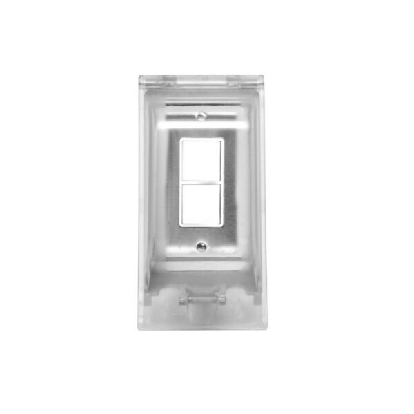 Clear double switch plate cover with metal accents, designed for light switches or outlets.