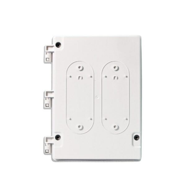White electrical junction box with dual mounting plates and side clips for secure installation.