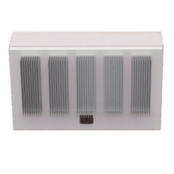 White electronic device with vertical gray fins for heat dissipation, designed for efficient cooling and ventilation.