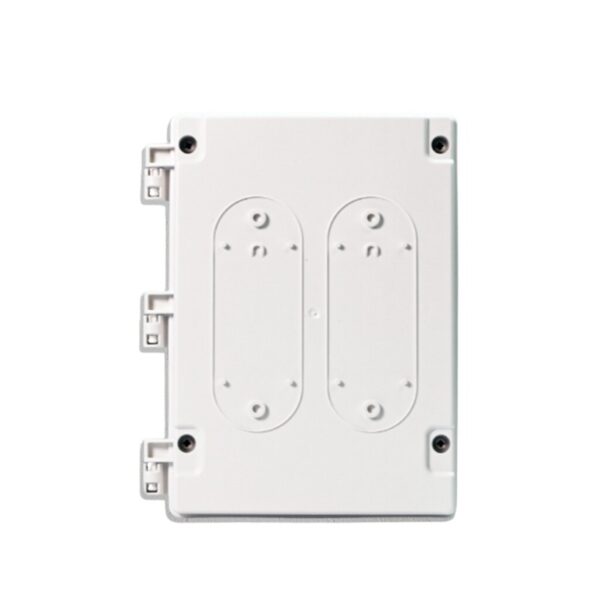 White electrical junction box with two mounting slots and side clips for secure installation. Ideal for housing electrical connections and ensuring safety in wiring systems.