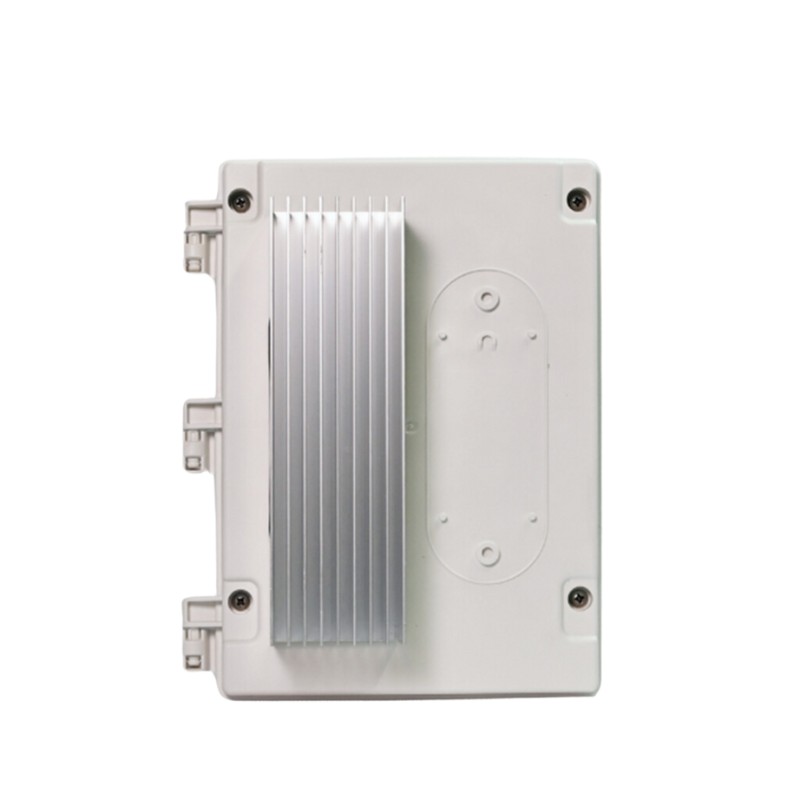 White electronic device with aluminum heat sink, featuring mounting brackets and a flat surface for installation.
