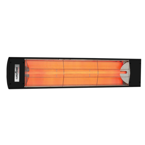 Infrared heating lamp with a sleek black design and glowing orange heating elements, ideal for outdoor patios and indoor spaces.