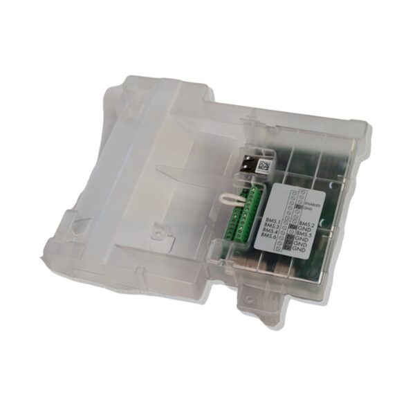 Battery management system (BMS) module housed in a transparent protective case, featuring USB connection and labeled terminals for easy wiring and monitoring.