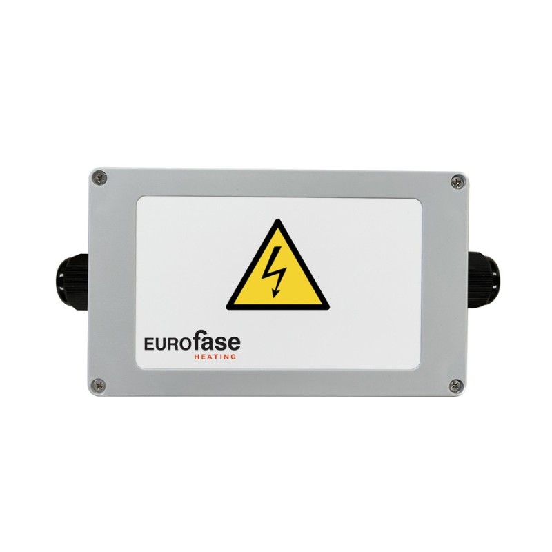 Eurofase heating control box with electrical hazard warning symbol, designed for safe temperature regulation.
