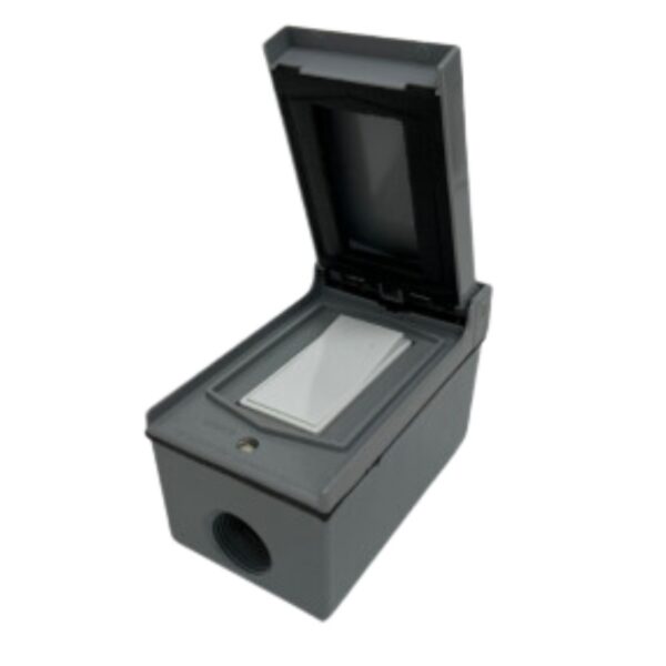 Gray electrical junction box with a hinged lid, designed for outdoor use and protection of wiring connections.