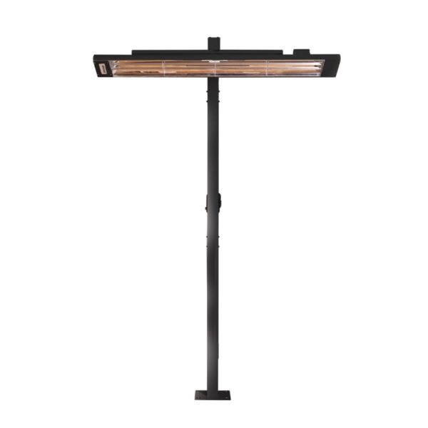 Freestanding outdoor infrared heater with a sleek black design and adjustable height for efficient warmth in patios or outdoor spaces.