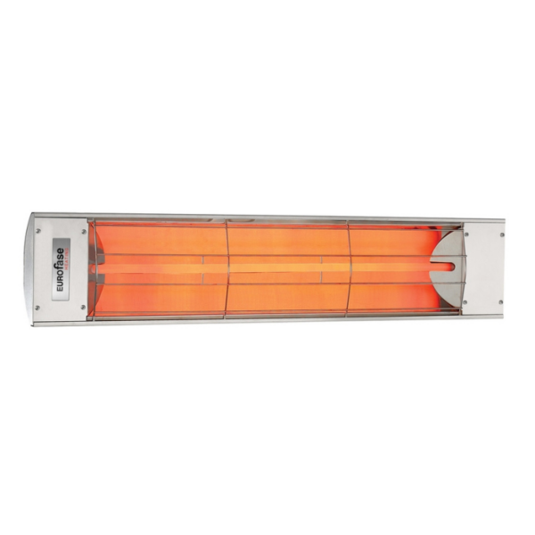 Electric infrared heater with a sleek stainless steel design and glowing orange heating elements, ideal for outdoor and indoor heating.