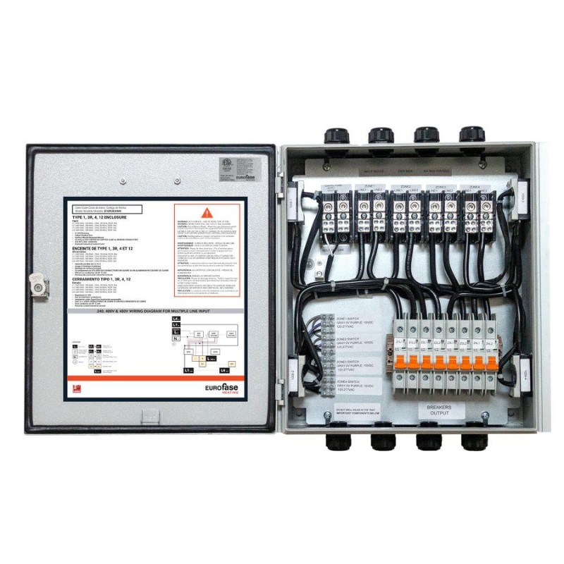 Electrical distribution panel with multiple input connections and circuit breakers, featuring wiring diagrams and safety instructions.