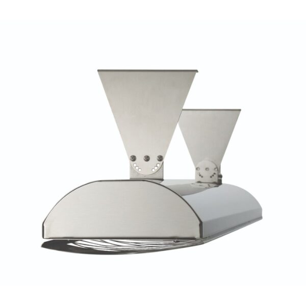 Stainless steel kitchen hood with dual exhaust vents, designed for efficient ventilation and modern aesthetics.