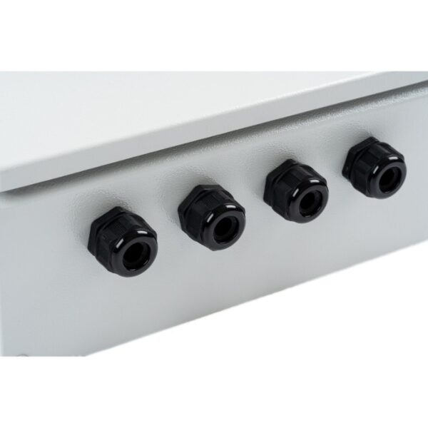 Gray electrical enclosure with four black cable glands for secure wiring connections.