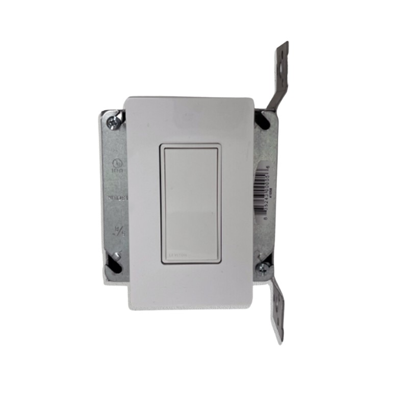 White electrical light switch with a metal mounting bracket, designed for easy installation in residential or commercial settings.