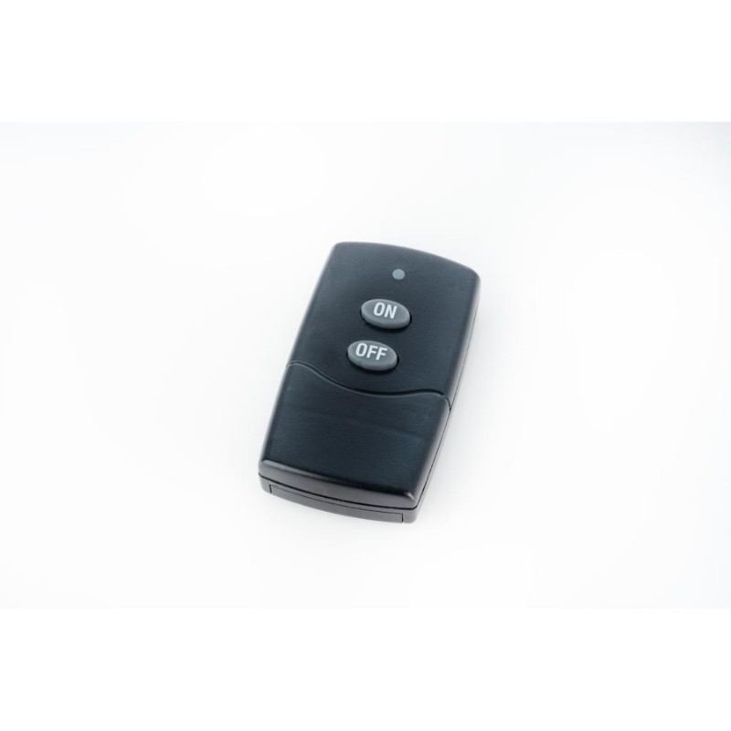 Black remote control with ON and OFF buttons, designed for easy operation of electronic devices.