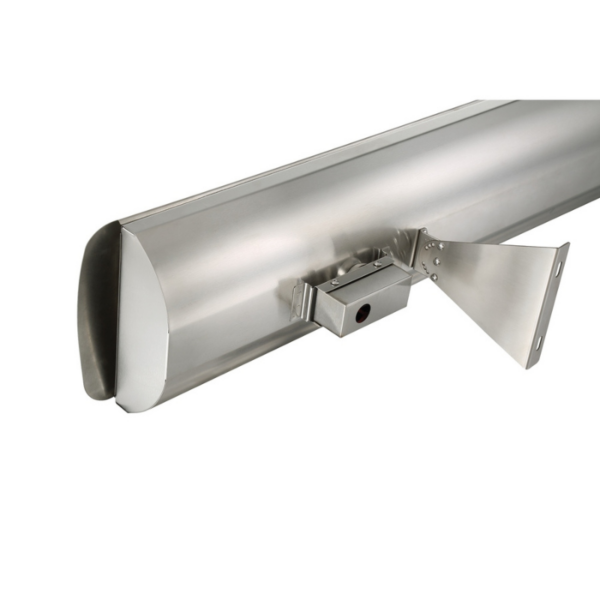 Stainless steel gutter guard with a sleek design and mounting bracket for easy installation, ideal for preventing debris buildup in gutters.