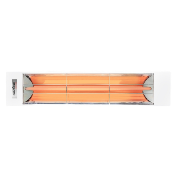Infrared heater with a sleek design, featuring orange heating elements and a clear protective cover, ideal for outdoor and indoor heating solutions.