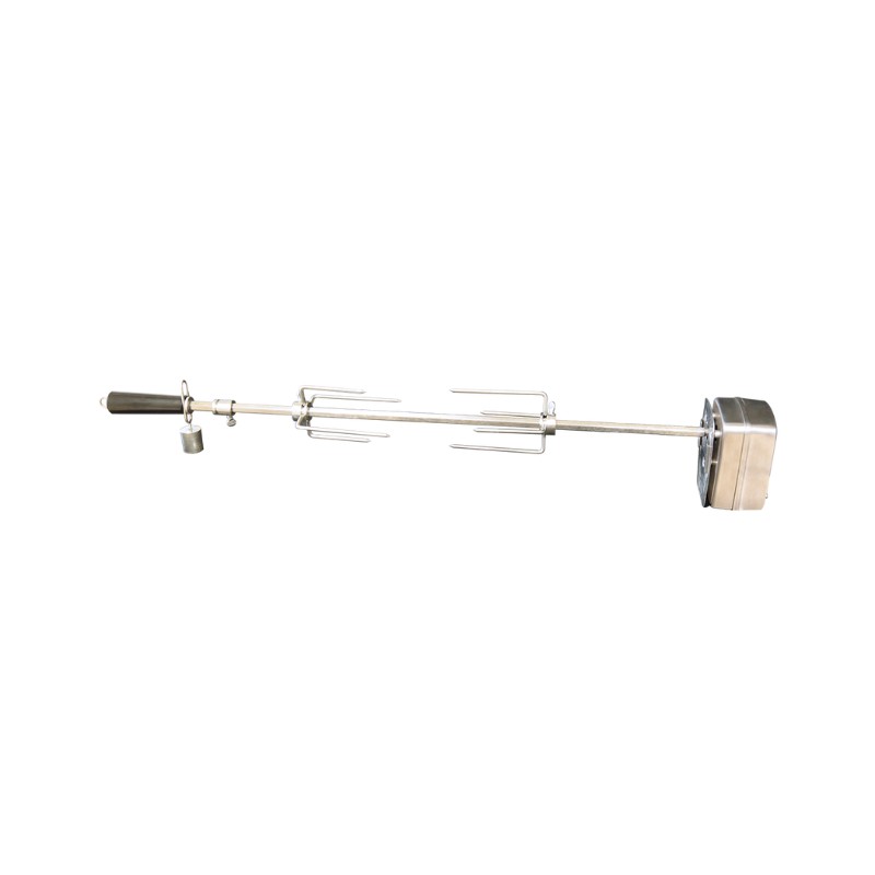 Stainless steel rotisserie spit for grilling, featuring adjustable forks and a motor for even cooking. Ideal for outdoor barbecues and rotisserie cooking.