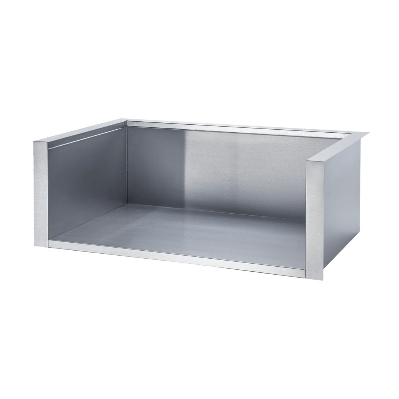 Stainless steel sink basin with a rectangular design, ideal for kitchens or commercial use, featuring smooth, durable surfaces.