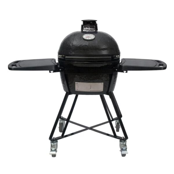 Black ceramic grill with side tables and wheels for easy mobility, ideal for outdoor cooking and barbecuing.