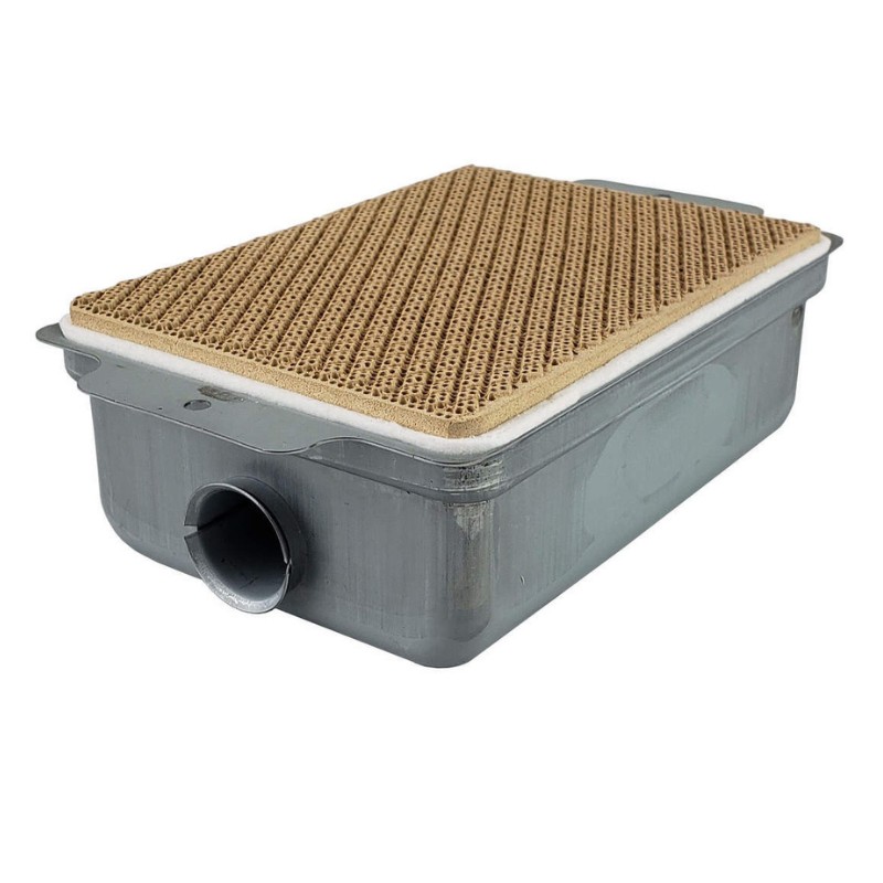Metal air filter housing with a corrugated filter element on top, designed for efficient air filtration in automotive or industrial applications.