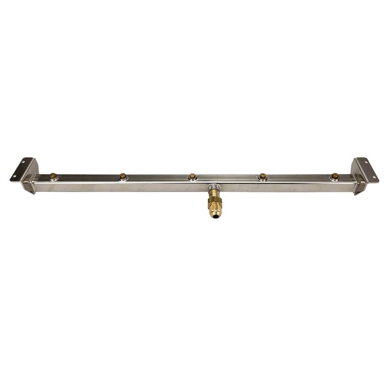 Stainless steel gas manifold with multiple outlets and a brass connector for efficient gas distribution.