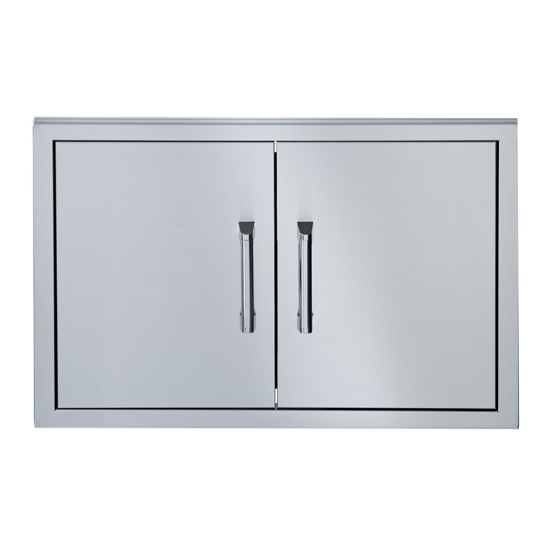 Stainless steel outdoor kitchen cabinet with double doors and sleek handles, ideal for storage and organization in outdoor cooking spaces.