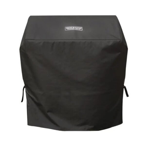 Black grill cover designed for outdoor protection, featuring a durable material and adjustable ties for secure fitting. Suitable for various grill sizes.