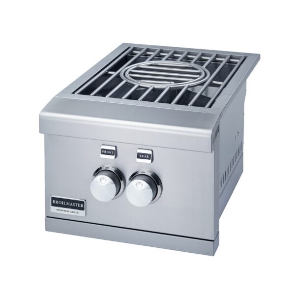 Stainless steel Broilmaster premium grill with dual control knobs for front and rear heat, featuring a durable cooking grate. Ideal for outdoor cooking and grilling enthusiasts.