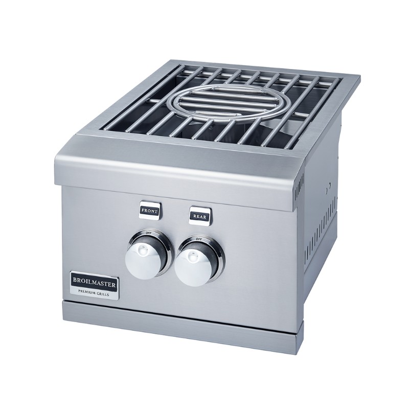 Stainless steel Broilmaster premium grill with dual control knobs for front and rear heat, featuring a durable cooking grate. Ideal for outdoor cooking and grilling enthusiasts.