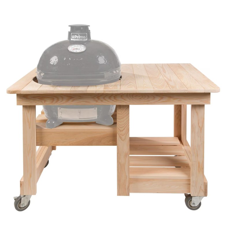 0e18f042-5e96-417a-8aa9-3c0658de8c39.jpg Primo ceramic grill on a wooden cart with wheels, featuring a spacious tabletop and storage shelves, ideal for outdoor cooking and grilling.