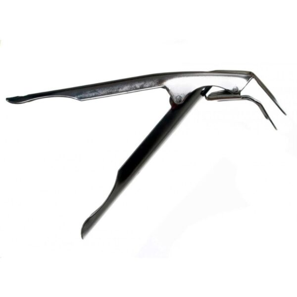 Stainless steel surgical forceps with curved tips for precise gripping and manipulation in medical procedures.