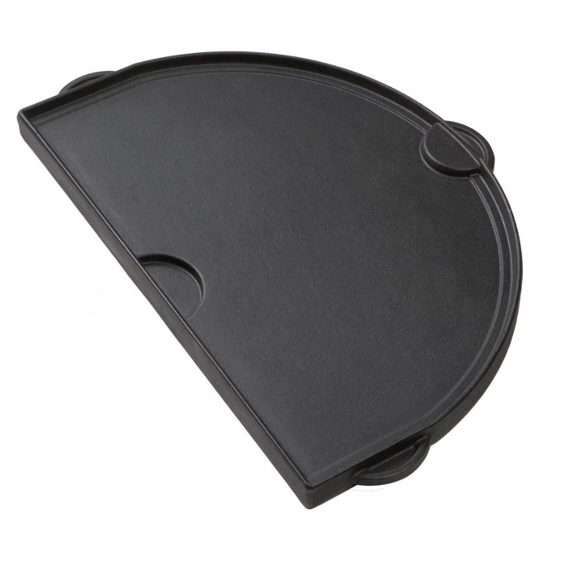 Black half-moon cooking griddle with handles, ideal for grilling and stovetop cooking.