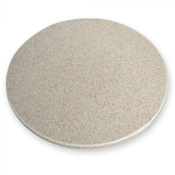 Round beige stone pizza stone for baking, featuring a smooth surface and heat retention properties. Ideal for achieving crispy crusts and even cooking.
