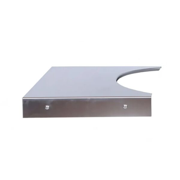 Stainless steel countertop with a curved edge and mounting screws, ideal for modern kitchen or bar installations.