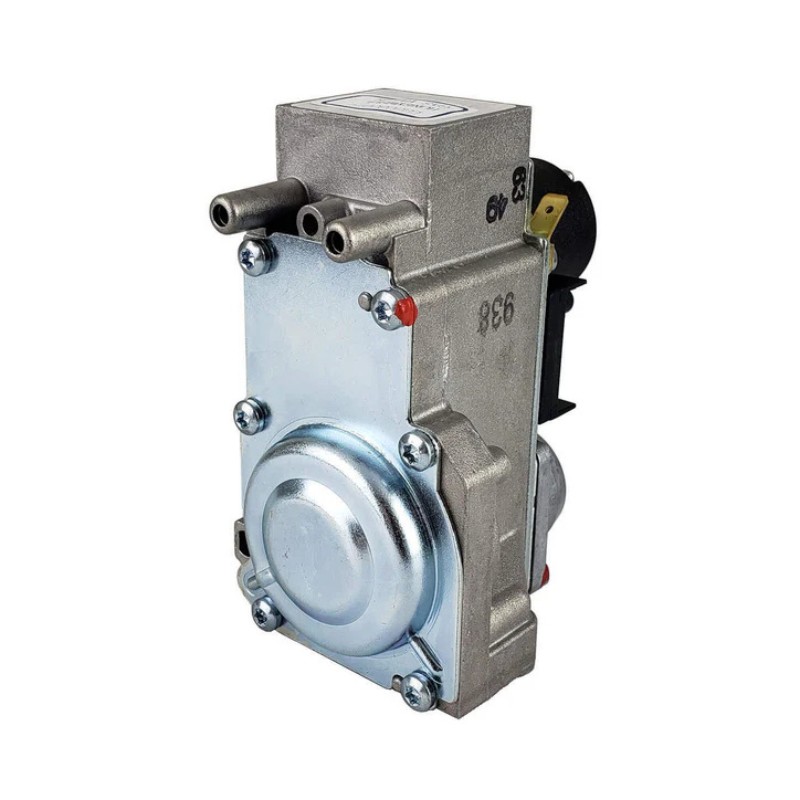 Electric fuel pump assembly with metal casing and multiple inlet and outlet ports, designed for automotive applications.