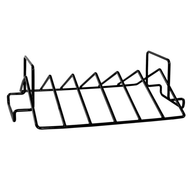 Black metal wire rack for organizing and displaying items, featuring a sloped design with multiple sections for optimal storage. Ideal for kitchen or pantry use.