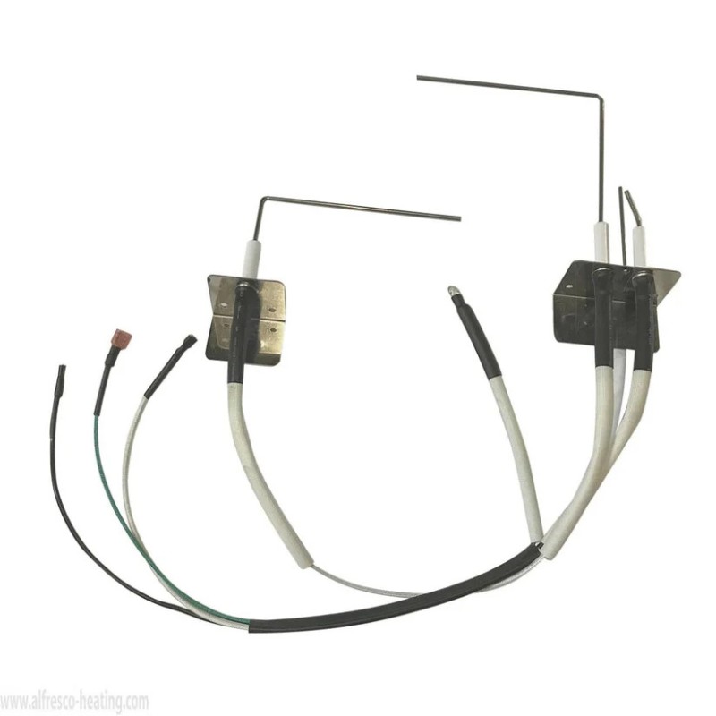 Ignition electrode assembly for gas heaters, featuring dual electrodes and multiple wire connections for reliable ignition and operation.