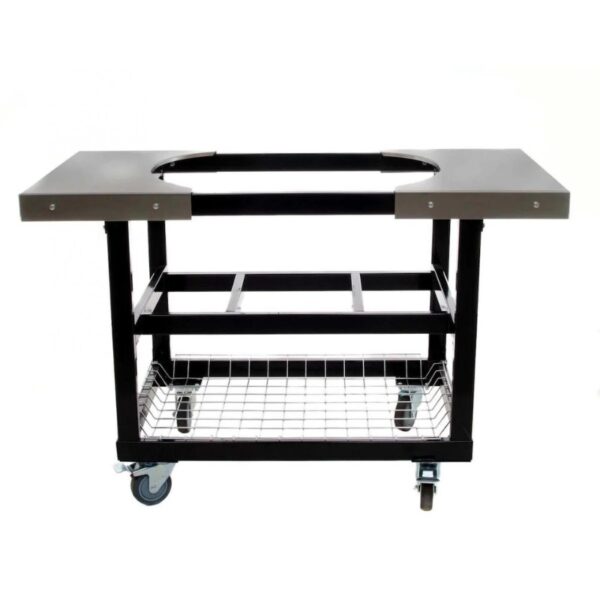 Mobile kitchen cart with stainless steel top and wire storage shelf, ideal for food preparation and outdoor cooking.