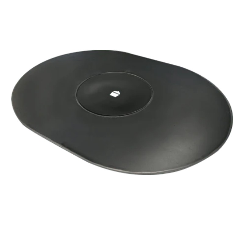 Black oval-shaped plate with a central hole, designed for use in various applications.