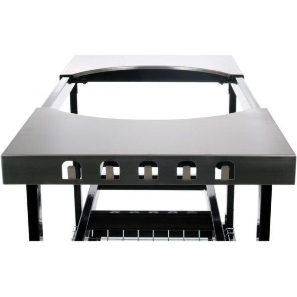 Stainless steel outdoor cooking table with curved design and ventilation slots for grilling and food preparation.
