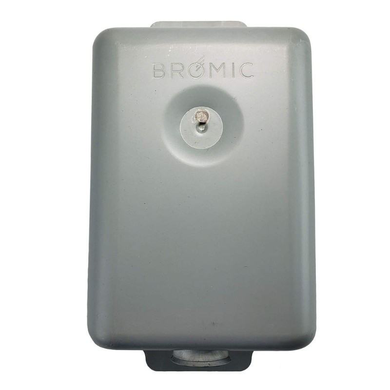 Bromic electrical control box, gray, featuring a central mounting point and bottom connection for easy installation in heating or lighting systems.