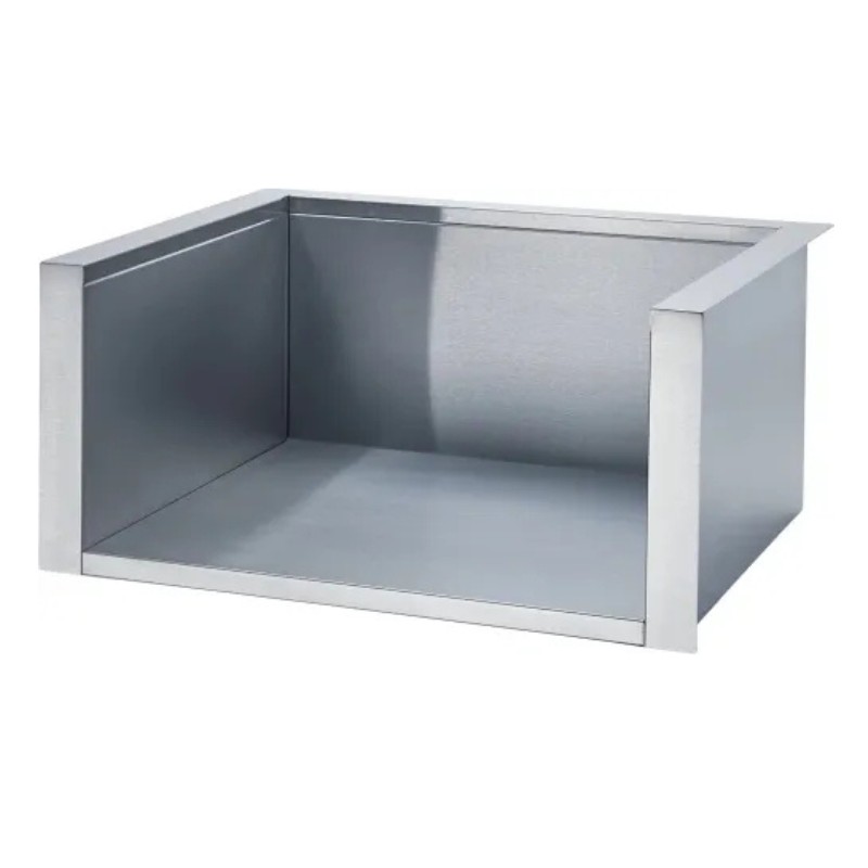 Stainless steel storage box with open design, ideal for organizing kitchen or workspace items.