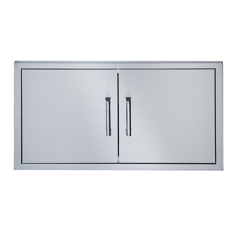 Stainless steel outdoor kitchen cabinet with double doors and sleek handles, designed for durability and style.