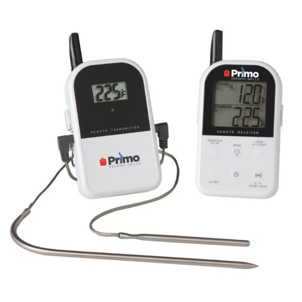 Primo Ceramic Grills remote thermometer set featuring a transmitter with a digital display showing 225°F and a receiver displaying 120°F for precise cooking temperature monitoring.