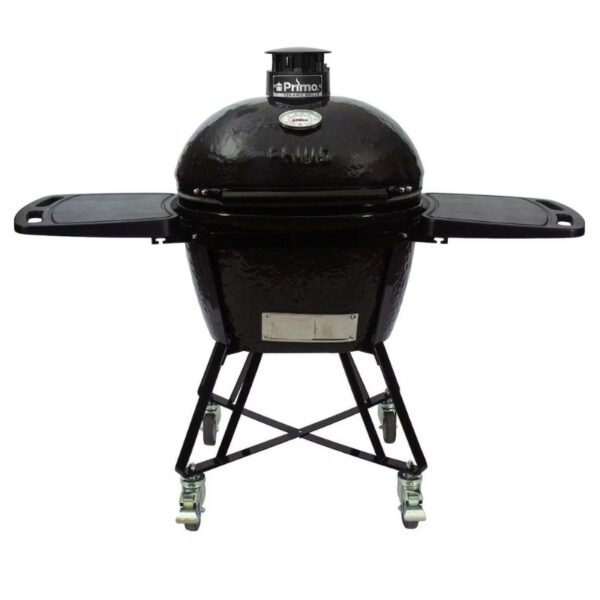 Primo ceramic grill with side shelves and adjustable top vent, ideal for grilling and smoking.