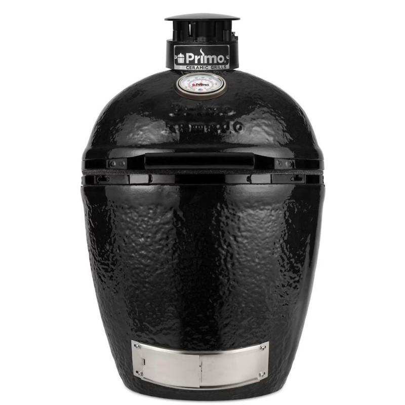 Primo ceramic grill in black, featuring a classic kamado design and a stainless steel door, ideal for outdoor cooking and grilling enthusiasts.