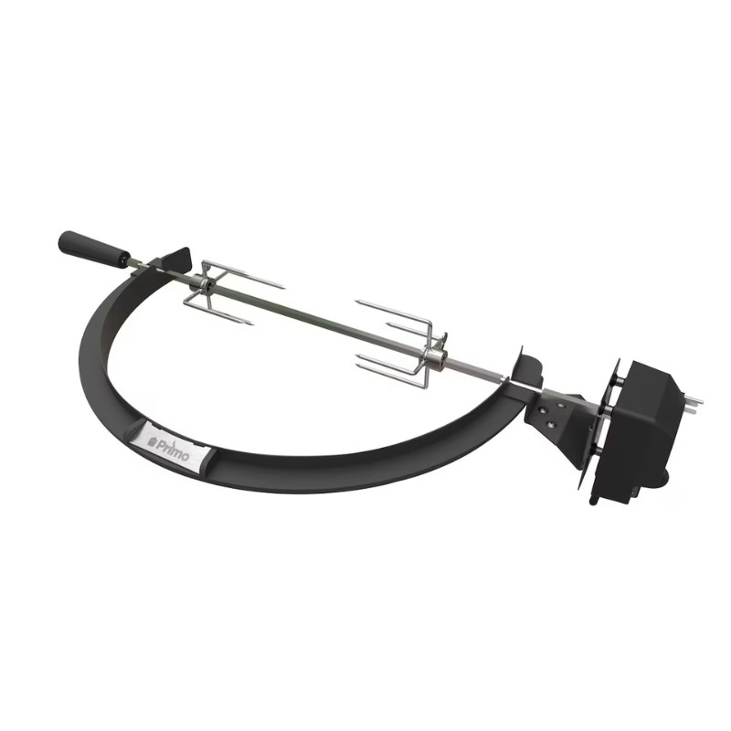 Primo rotisserie kit designed for outdoor grilling, featuring a stainless steel spit rod and motor for even cooking.